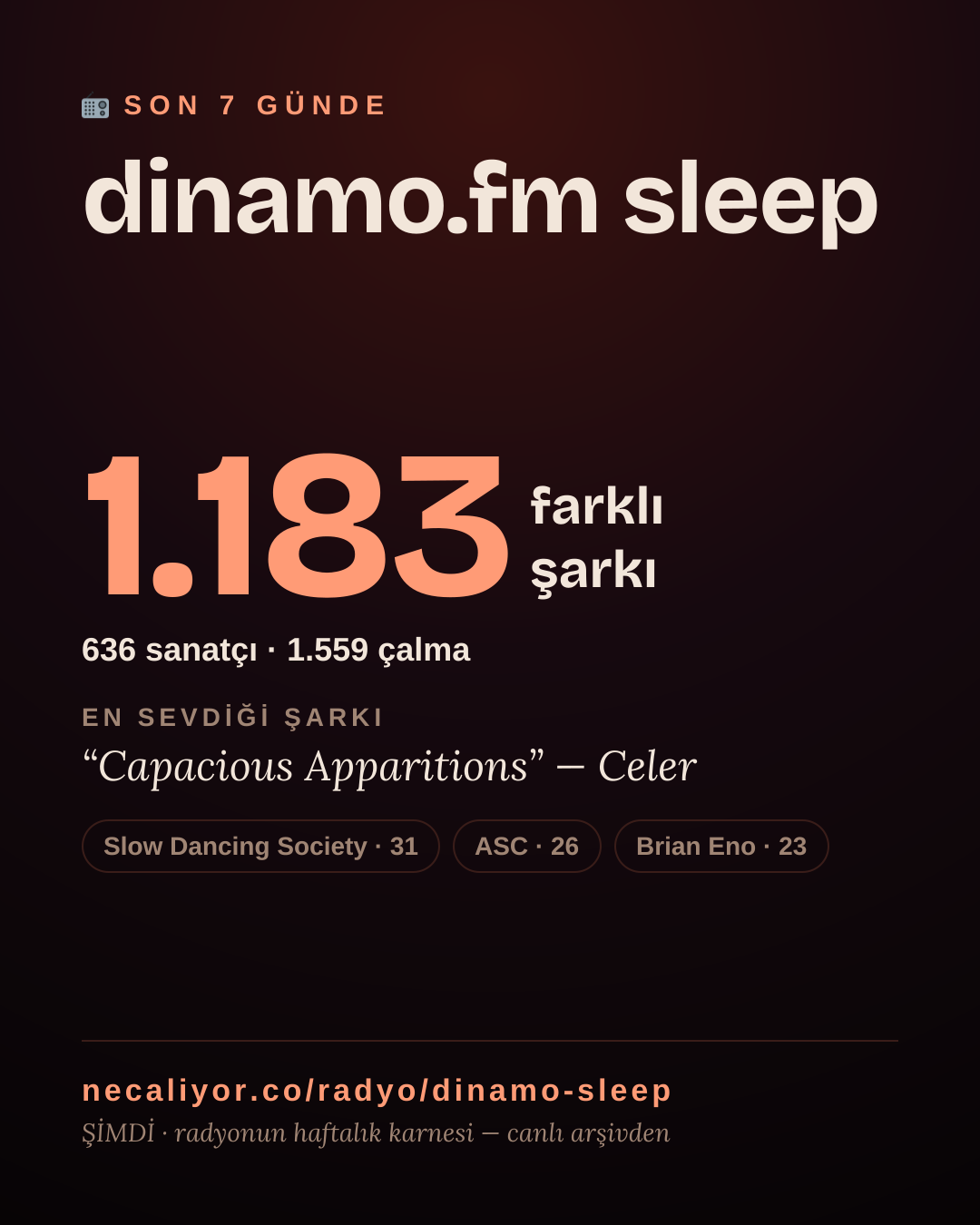 dinamo.fm sleep son 7 günde 1.182 farklı şarkı çaldı.
