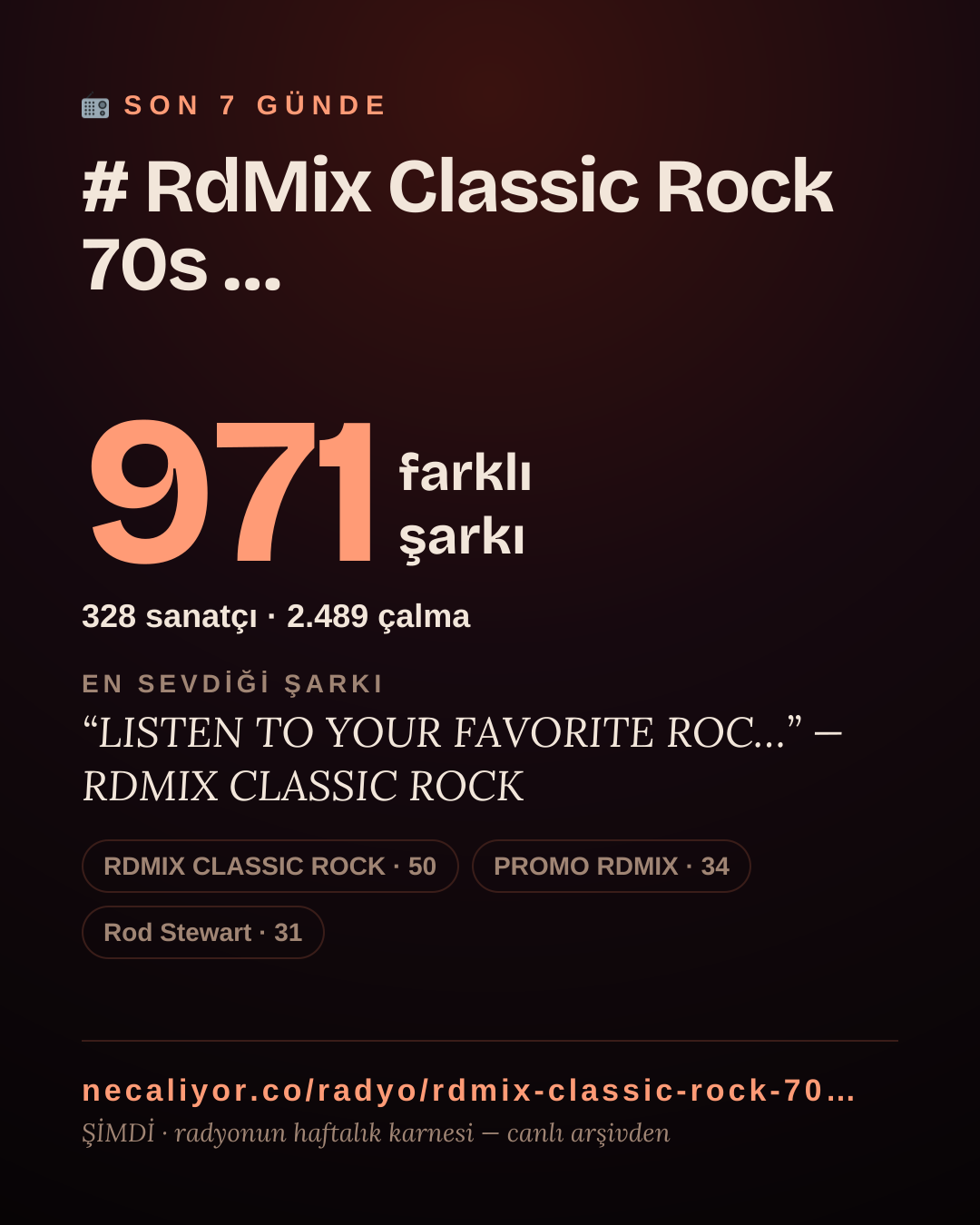 # RdMix Classic Rock 70s 80s 90s son 7 günde 970 farklı şarkı çaldı.